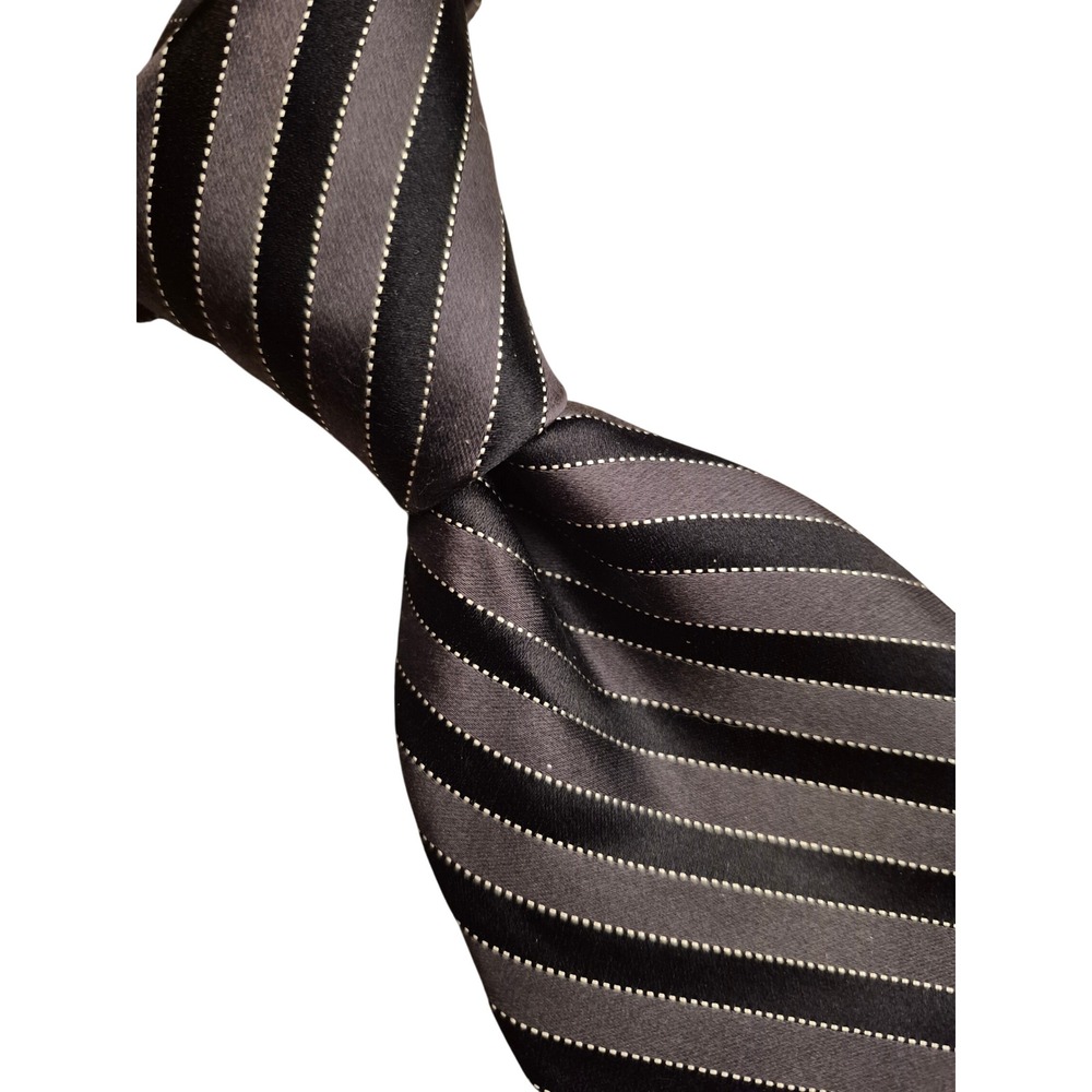 Ike Behar New York Mens Silk Necktie Metallic Gray Black Striped Formal Tie
